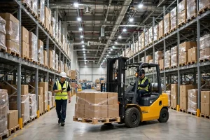 A forklift moves a pallet of parcels through a fulfillment warehouse.
