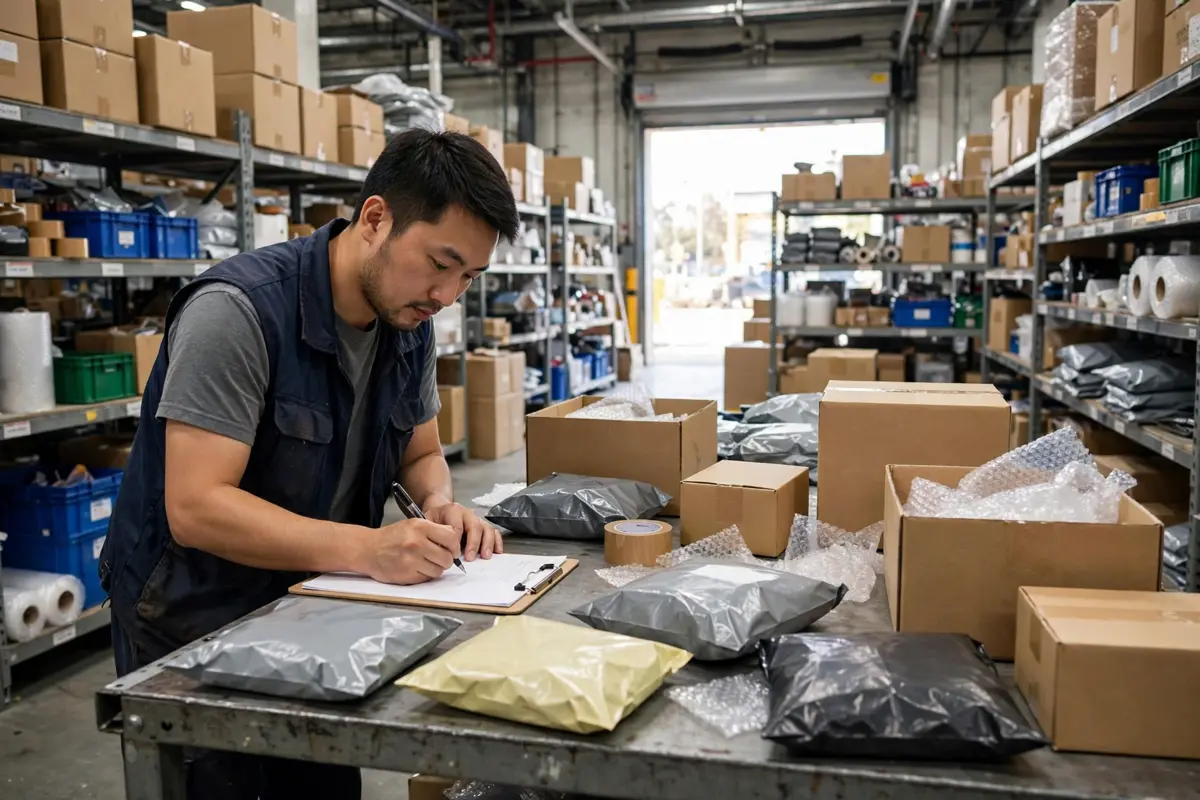 Goods from different suppliers arriving at one warehouse, logged and counted before they become your stock.