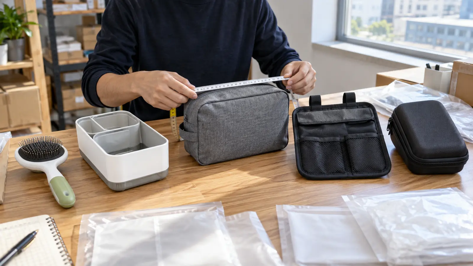 Seller comparing physical samples for several small product niches at a desk.