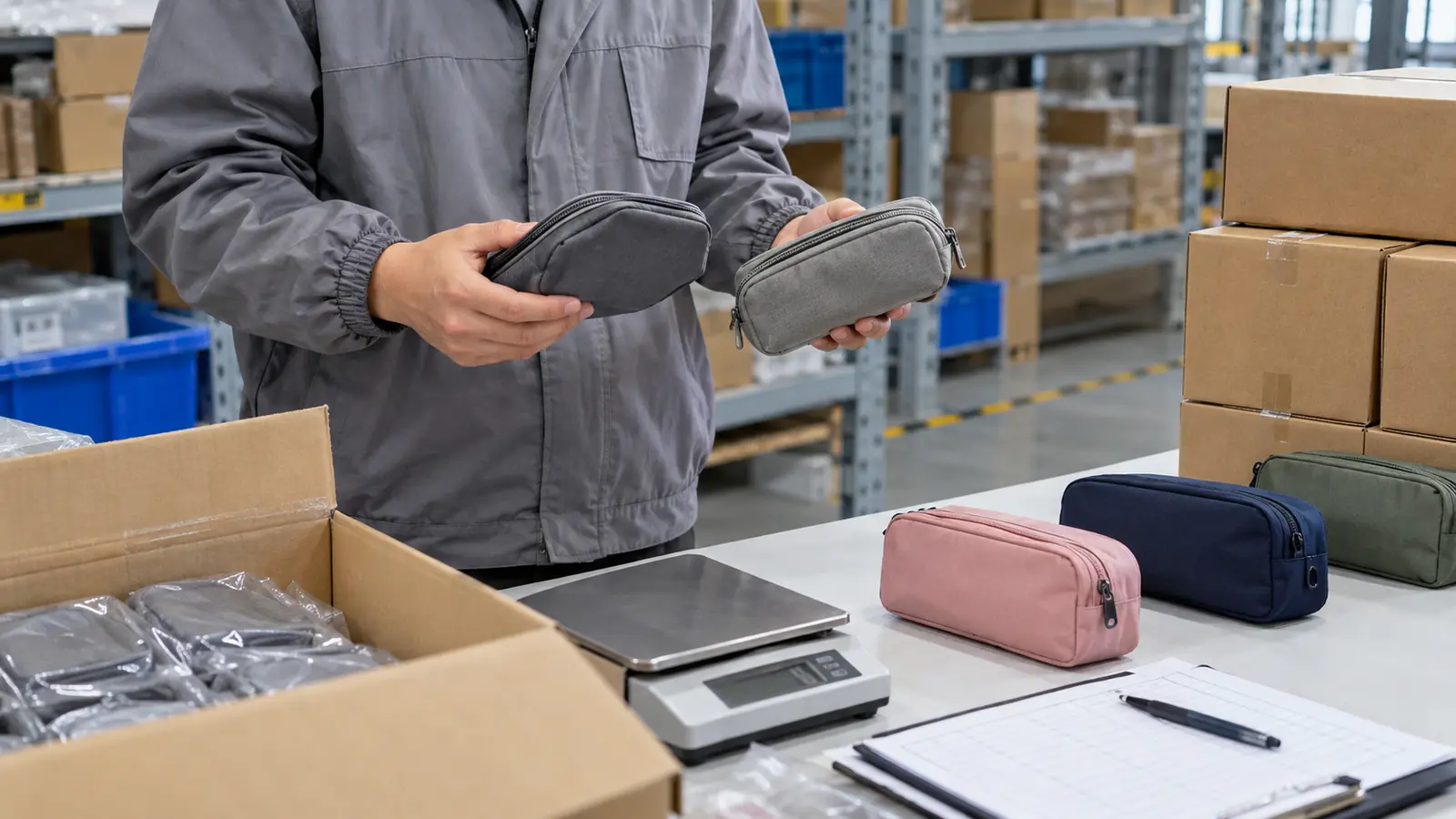 Worker checking a small product sample and packing details at a China warehouse table.