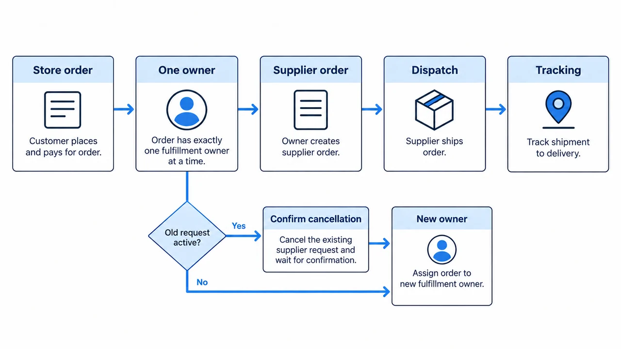 Order handoff diagram showing storefront, app, supplier, dispatch, and tracking ownership