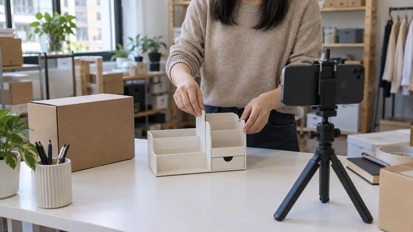 Seller filming a tabletop product demonstration with a phone beside a checked sample.