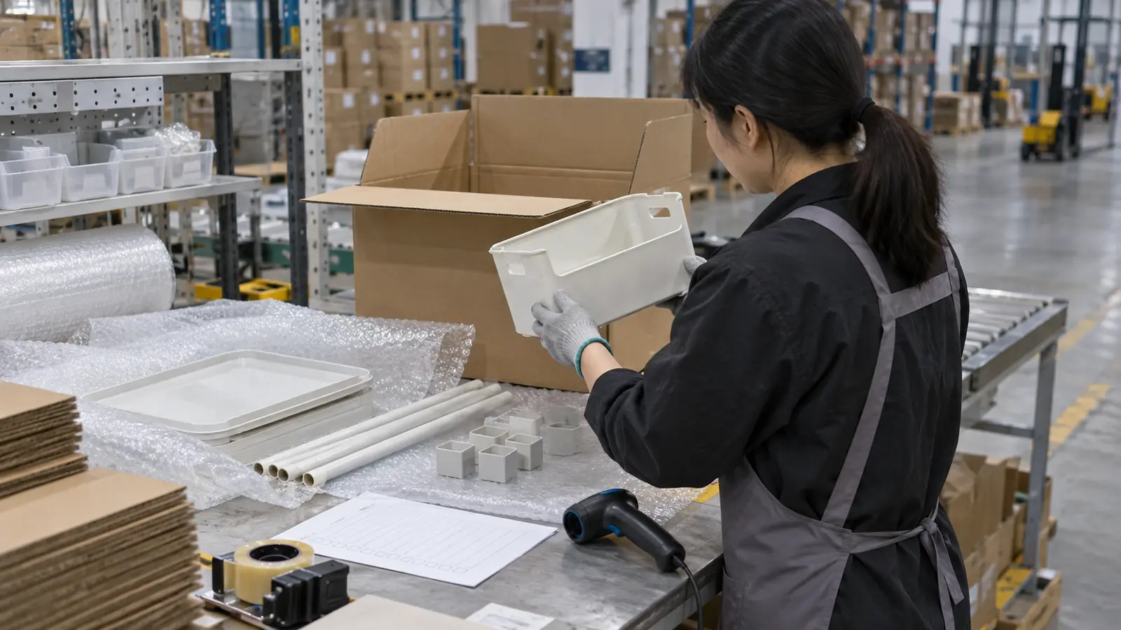 Warehouse worker checking a product and packing materials before a dropshipping order ships.