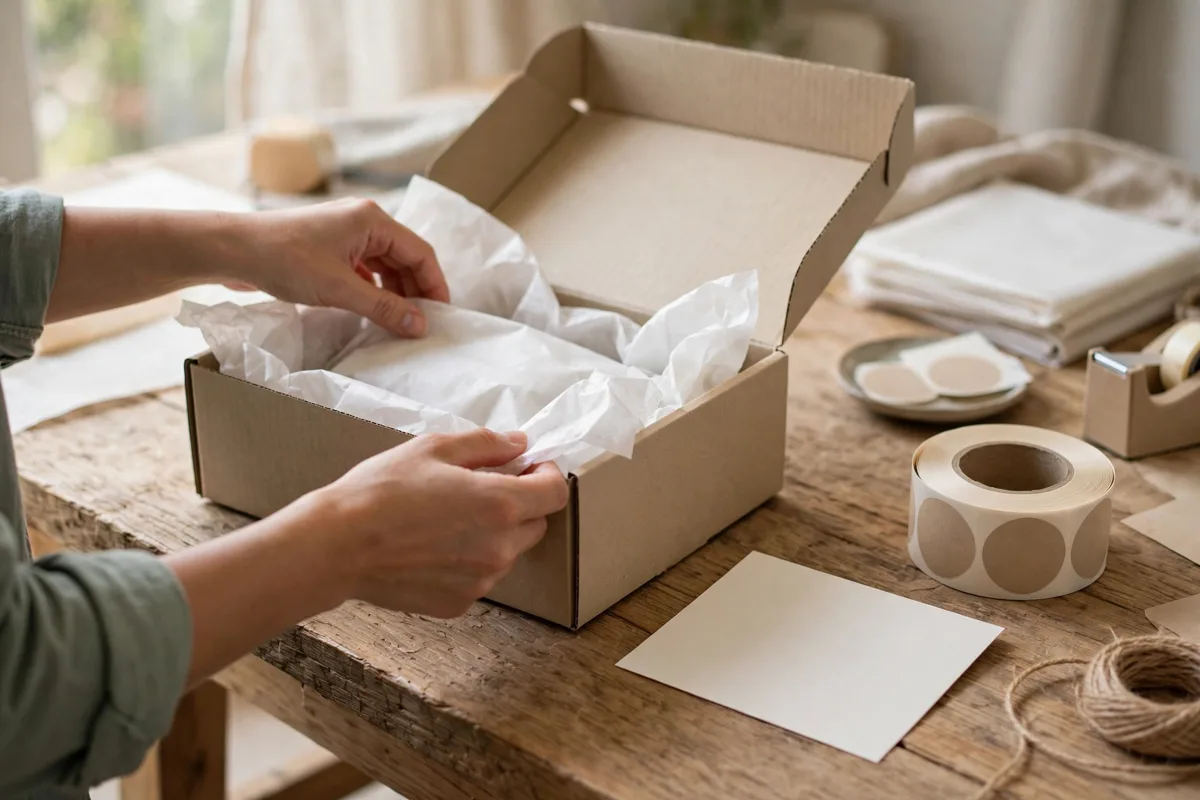 Preparing a branded parcel: custom box, inserts, and labels agreed before the first branded order ships.