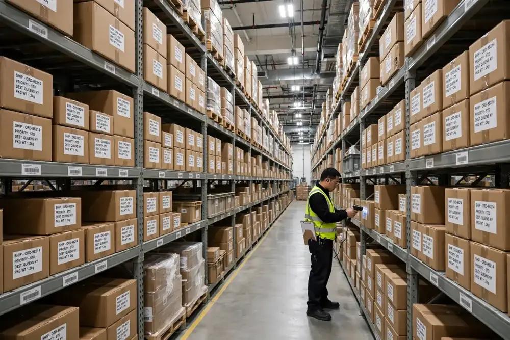 Inside a fulfillment warehouse: stock held on shelves so test orders and daily orders move through the same real process.
