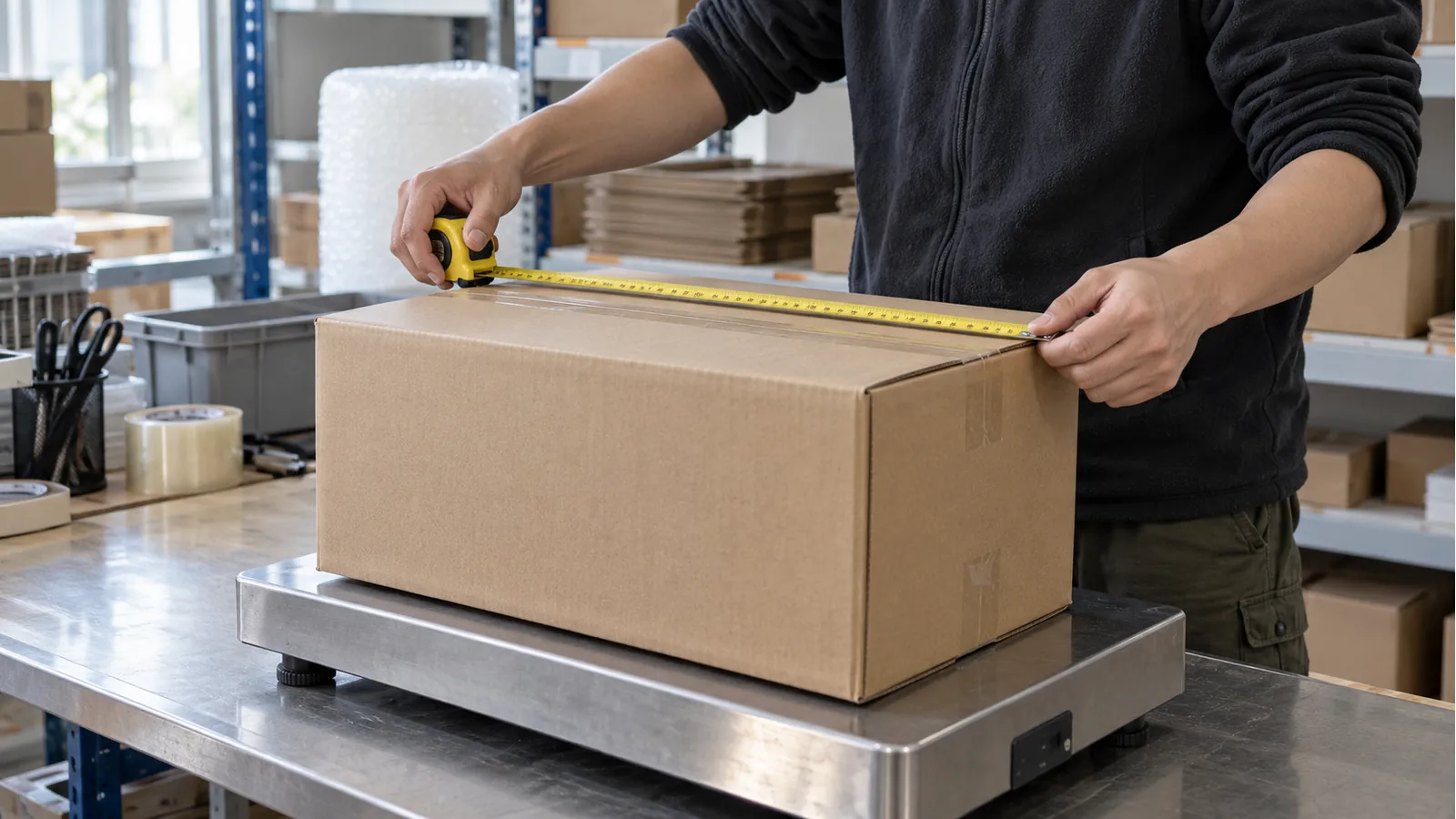 Worker measuring a closed carton resting on a parcel scale