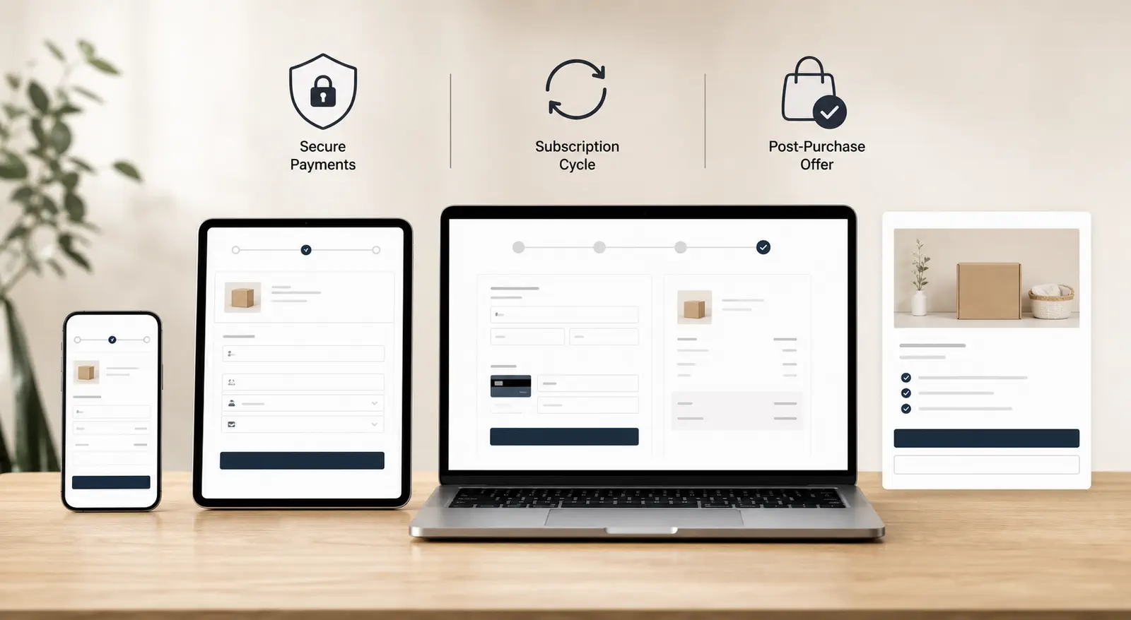 A generic ecommerce checkout journey with payment, subscription, and post-purchase offer elements