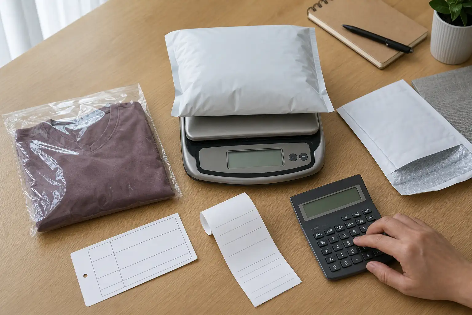 A packed sleepwear order on a parcel scale beside a calculator, blank fee records, and return packaging