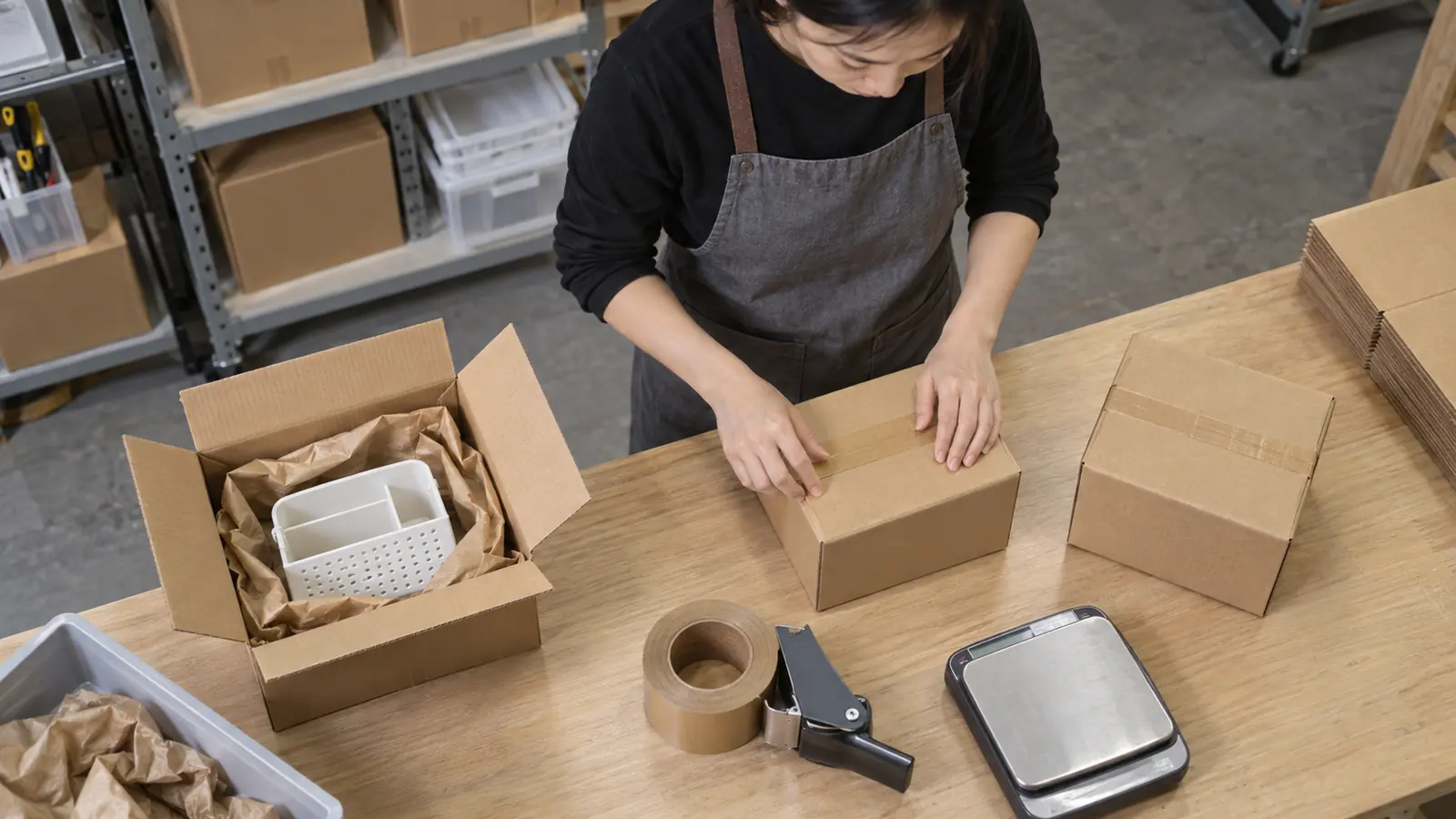 Worker checking and packing a small batch of unbranded parcels at a fulfillment station