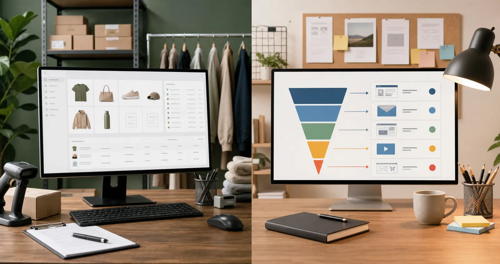 A split workspace showing a complete online store operation and a focused funnel storyboard
