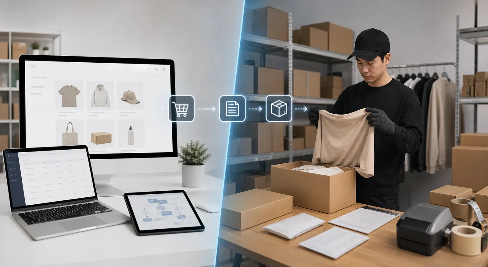 A split workflow showing a polished storefront connected to supplier communication, product checks, packing, and shipping coordination