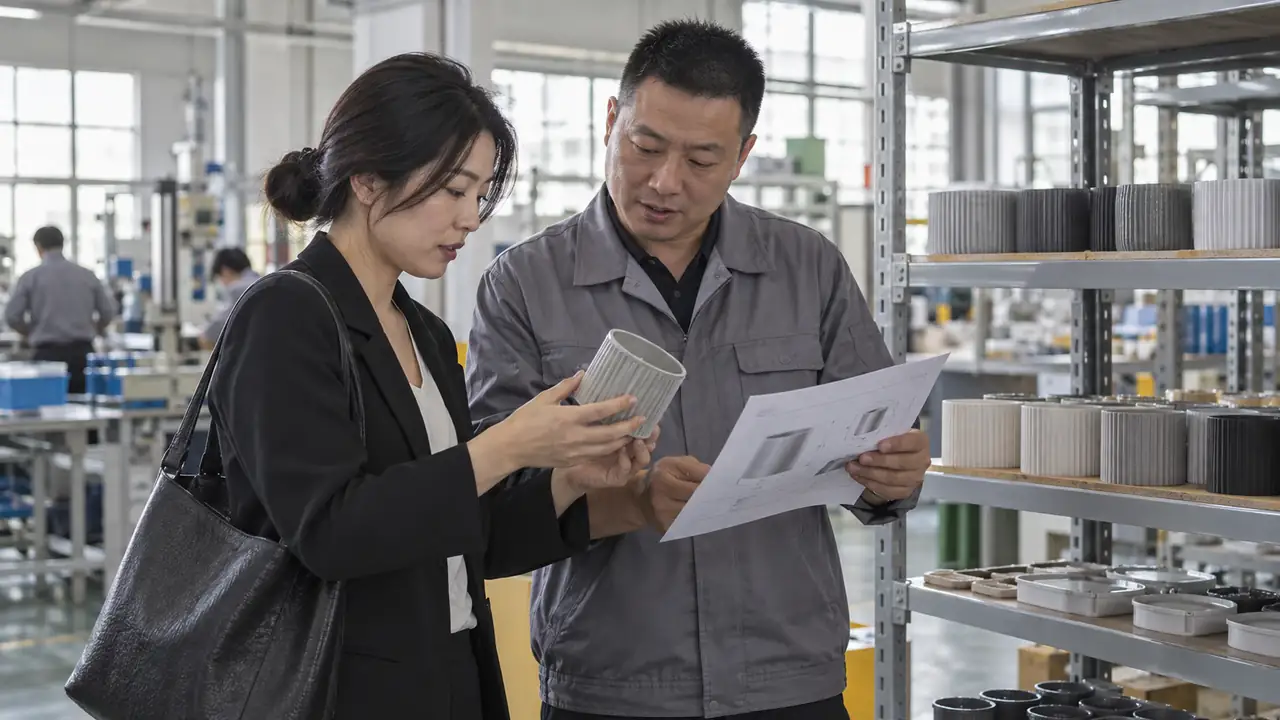 Supplier coordinator reviewing production requirements with a manufacturer