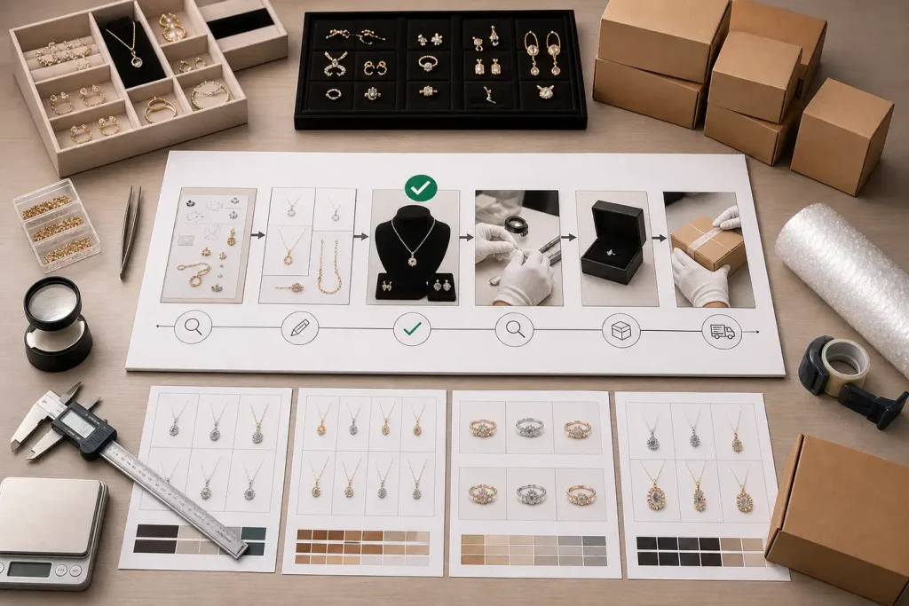 Integrated jewelry sourcing, approval, inspection, packaging, and dispatch workflow