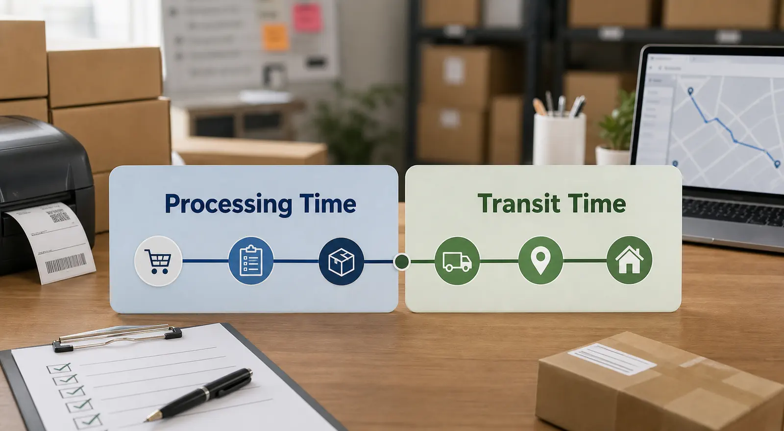 A photorealistic desk timeline comparing processing time and transit time