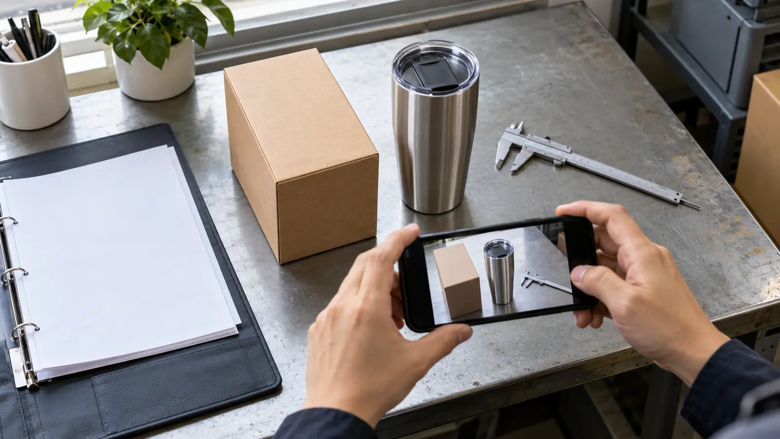 A buyer photographs a tumbler, packaging and measuring tool