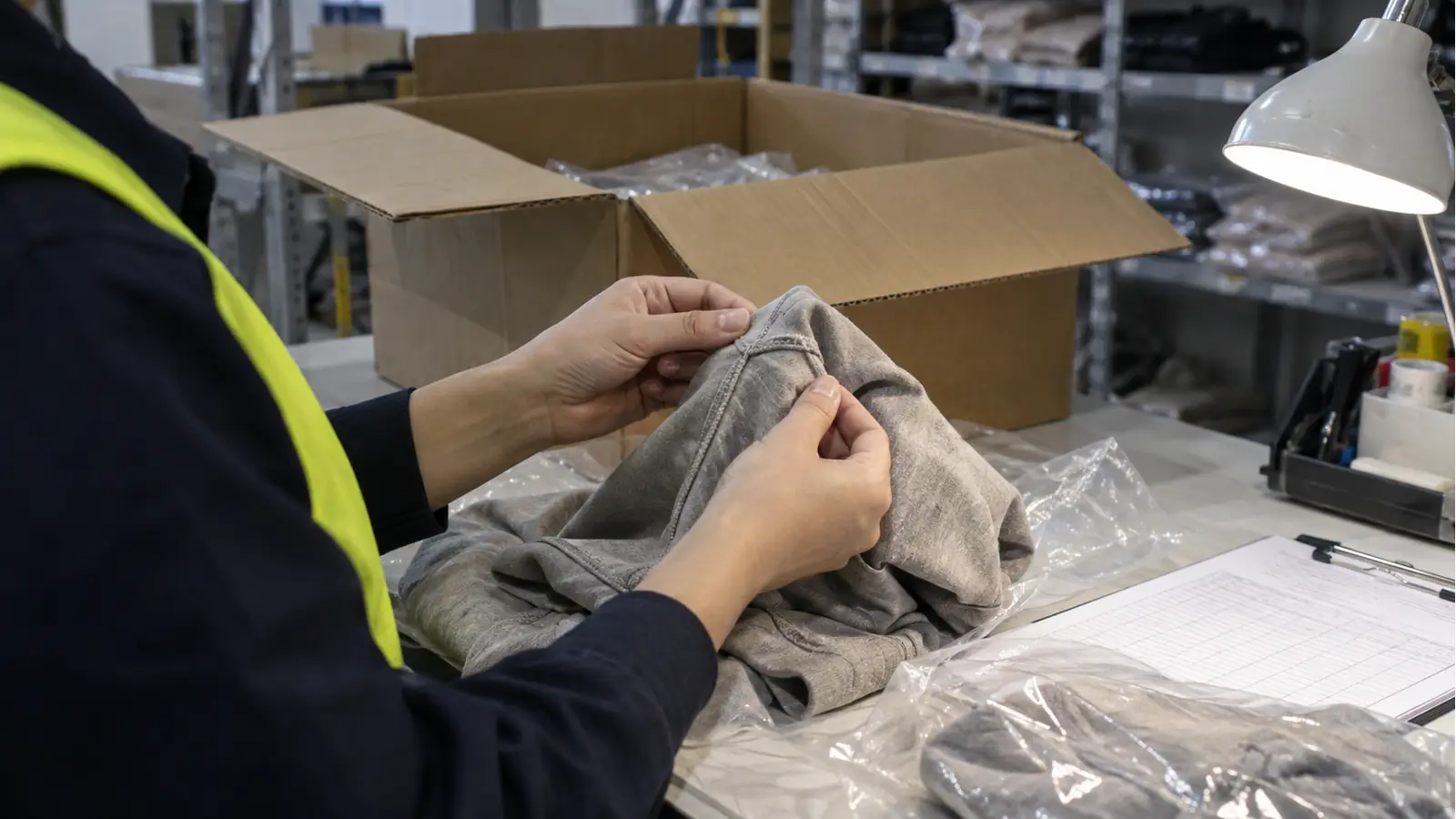 Warehouse worker checking a returned product at a Chinese QC station