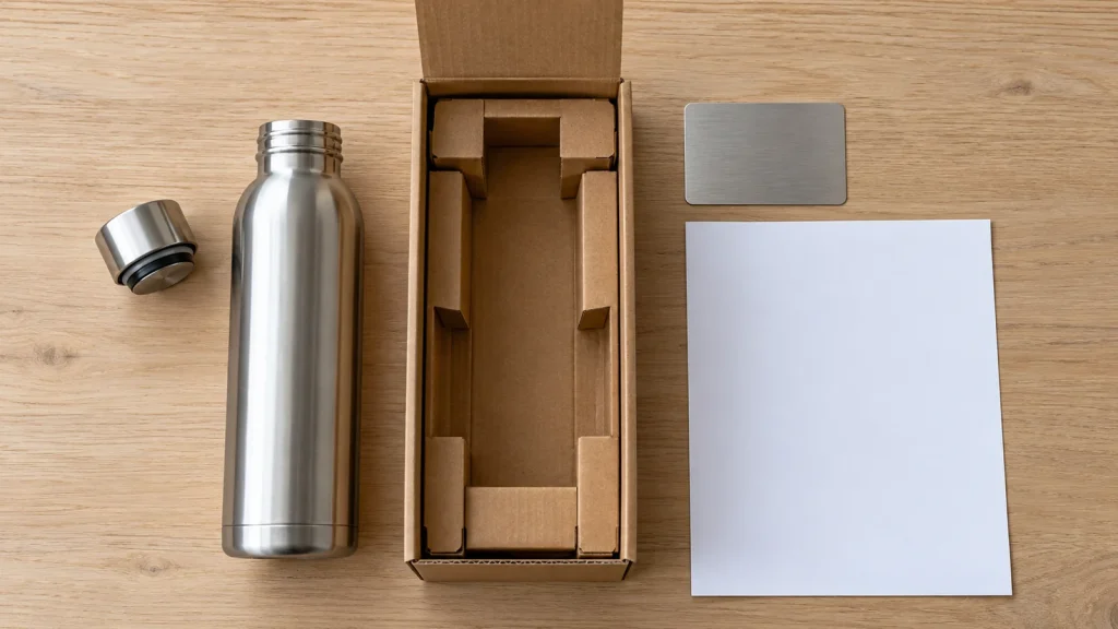 Stainless-steel bottle, carton insert, material swatch, and blank specification sheet