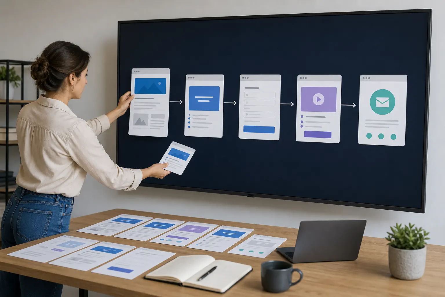 A marketing strategist arranging landing page, offer, checkout, upsell, and follow-up funnel steps
