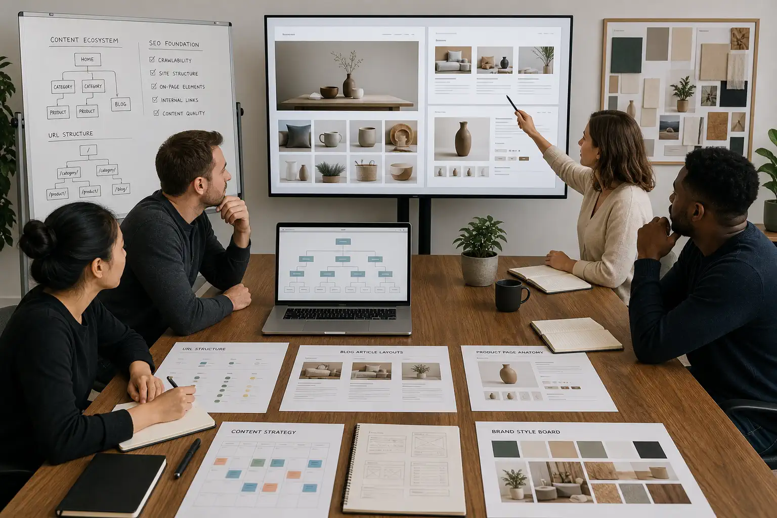 A content team reviewing a storefront, blog articles, product pages, URLs, and brand styles