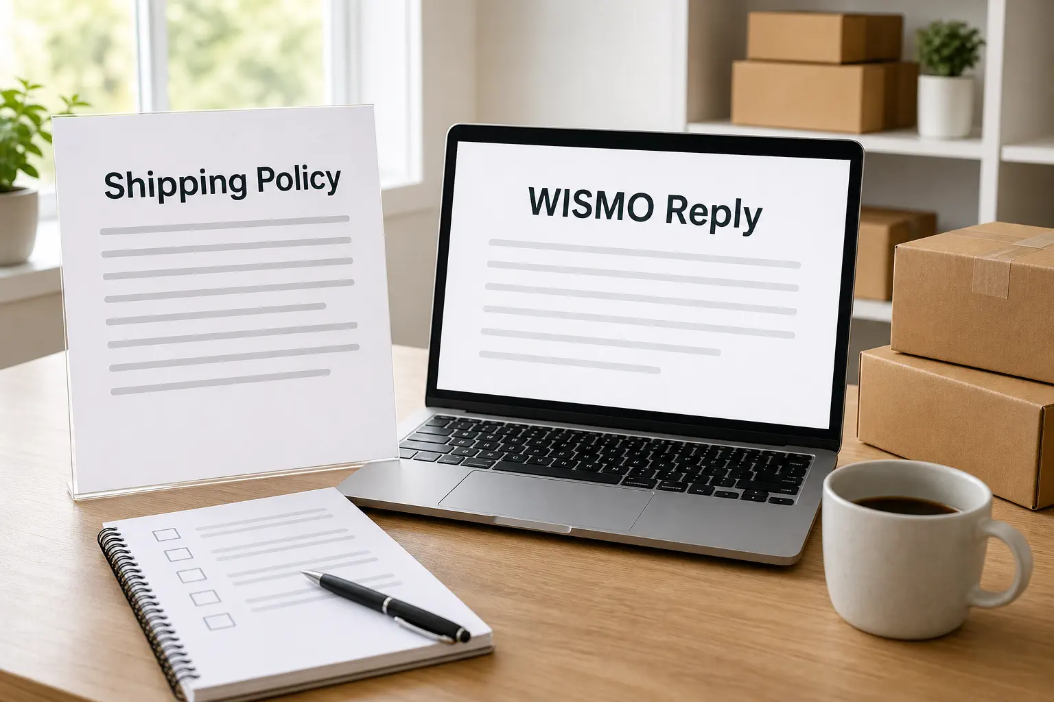 A photorealistic support workspace with shipping policy and WISMO reply document cards