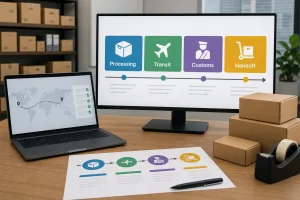 A photorealistic delivery-planning dashboard showing processing transit customs and handoff stages
