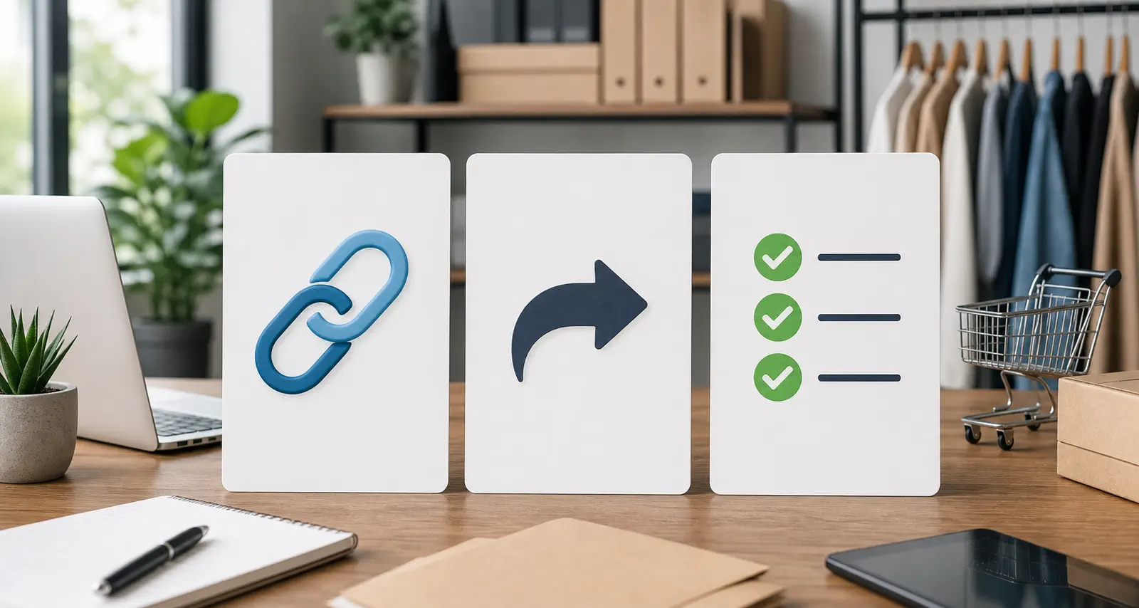 Three visual decision cards representing readable handles, redirects, and consistency checks