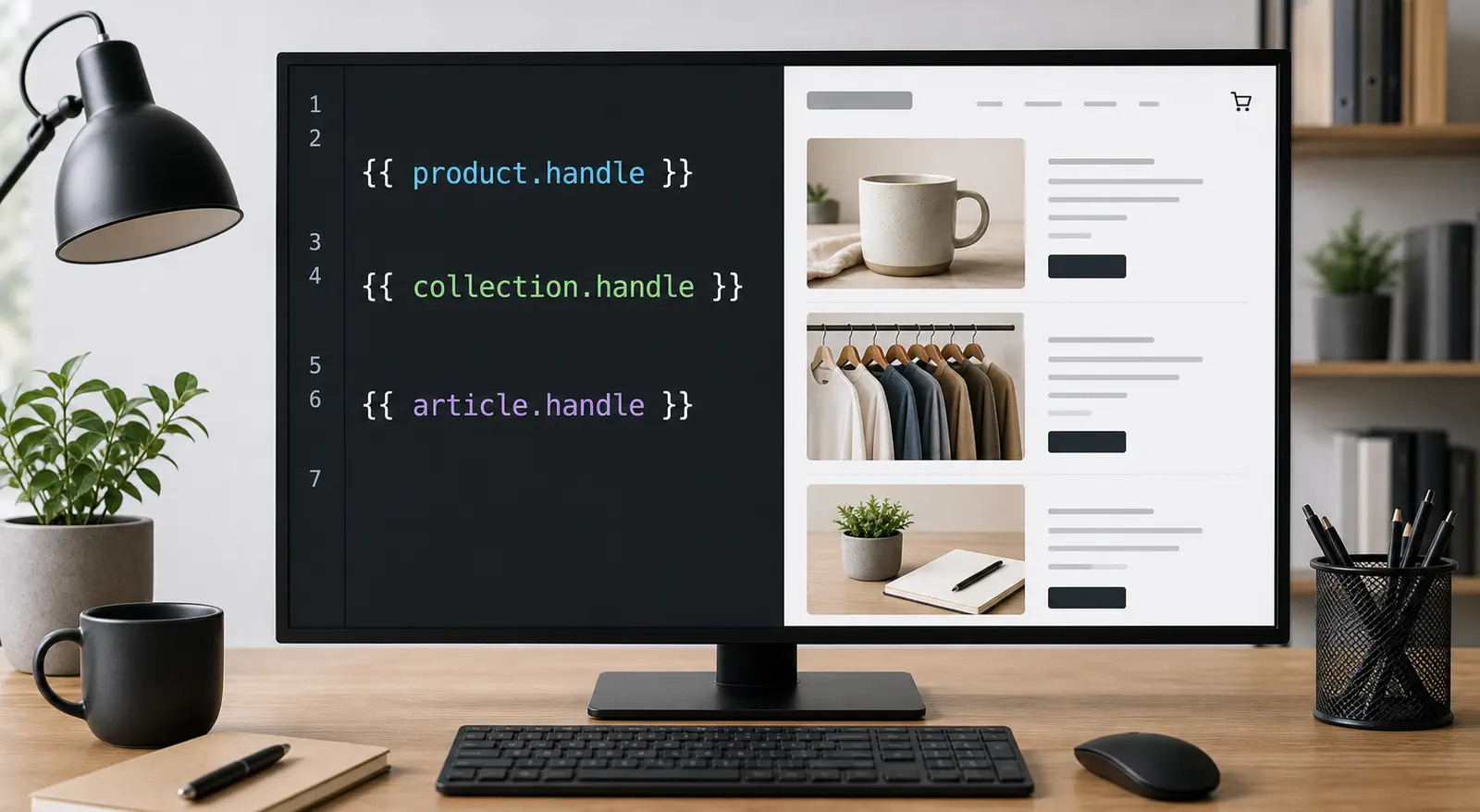 A developer workspace displaying product, collection, and article handle examples in Liquid