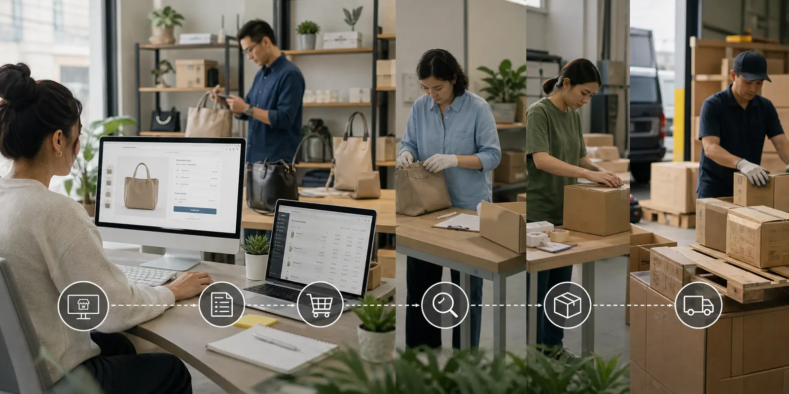 A commerce dashboard connecting storefront checkout orders and sales channels