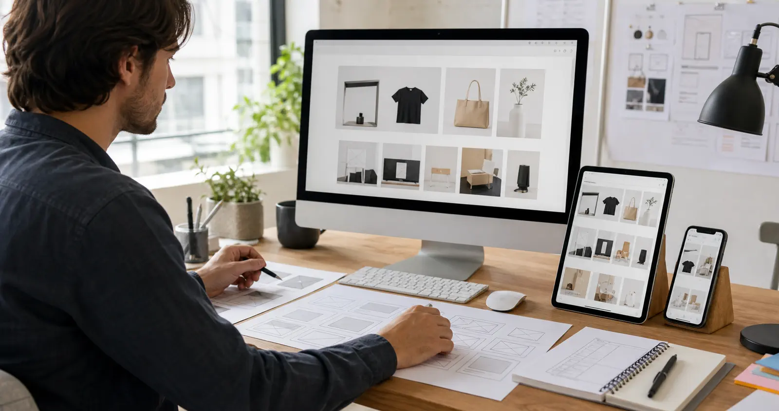 A designer comparing responsive ecommerce theme layouts on multiple screens