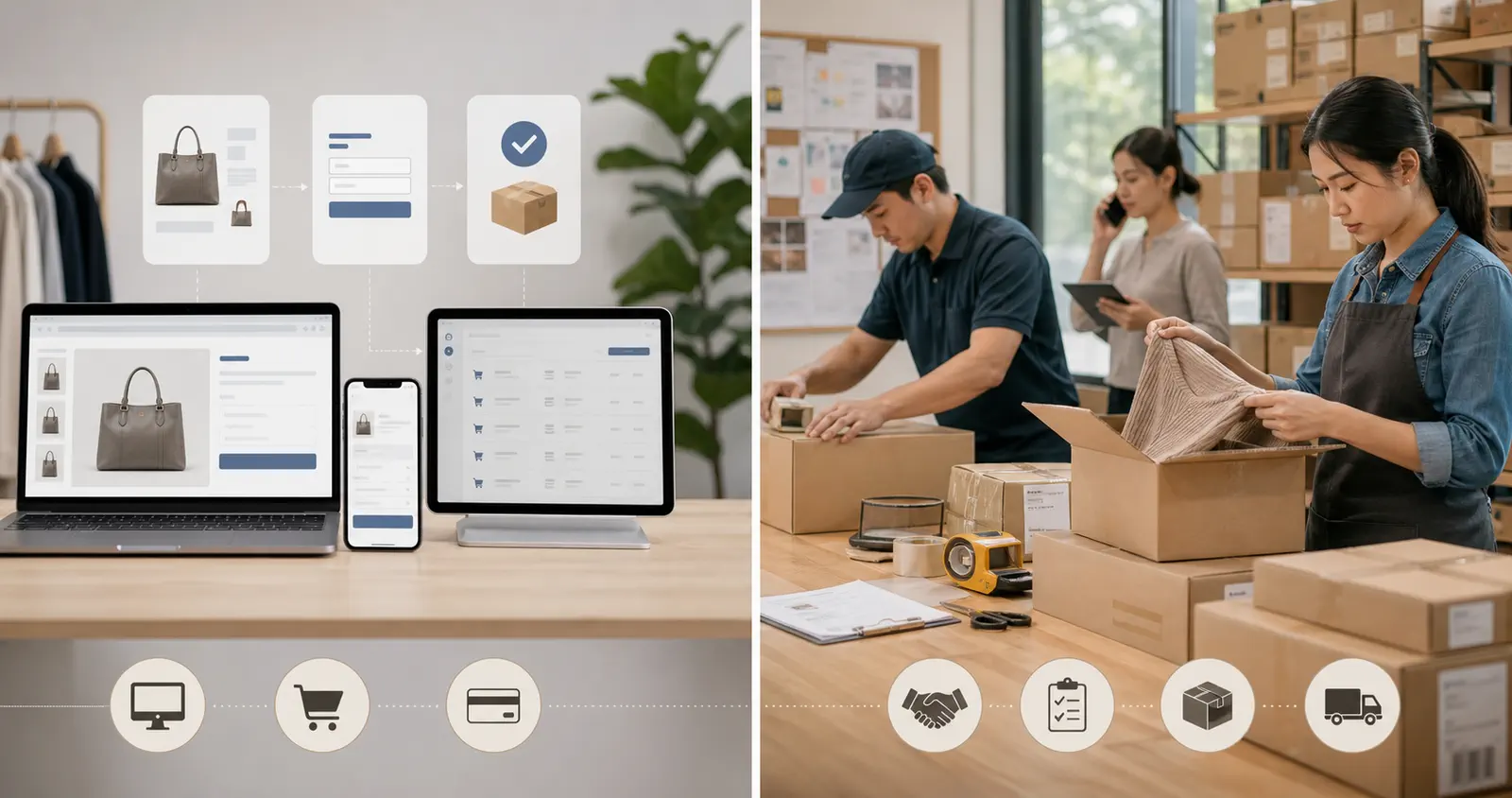 A split workflow separating storefront technology from physical order execution