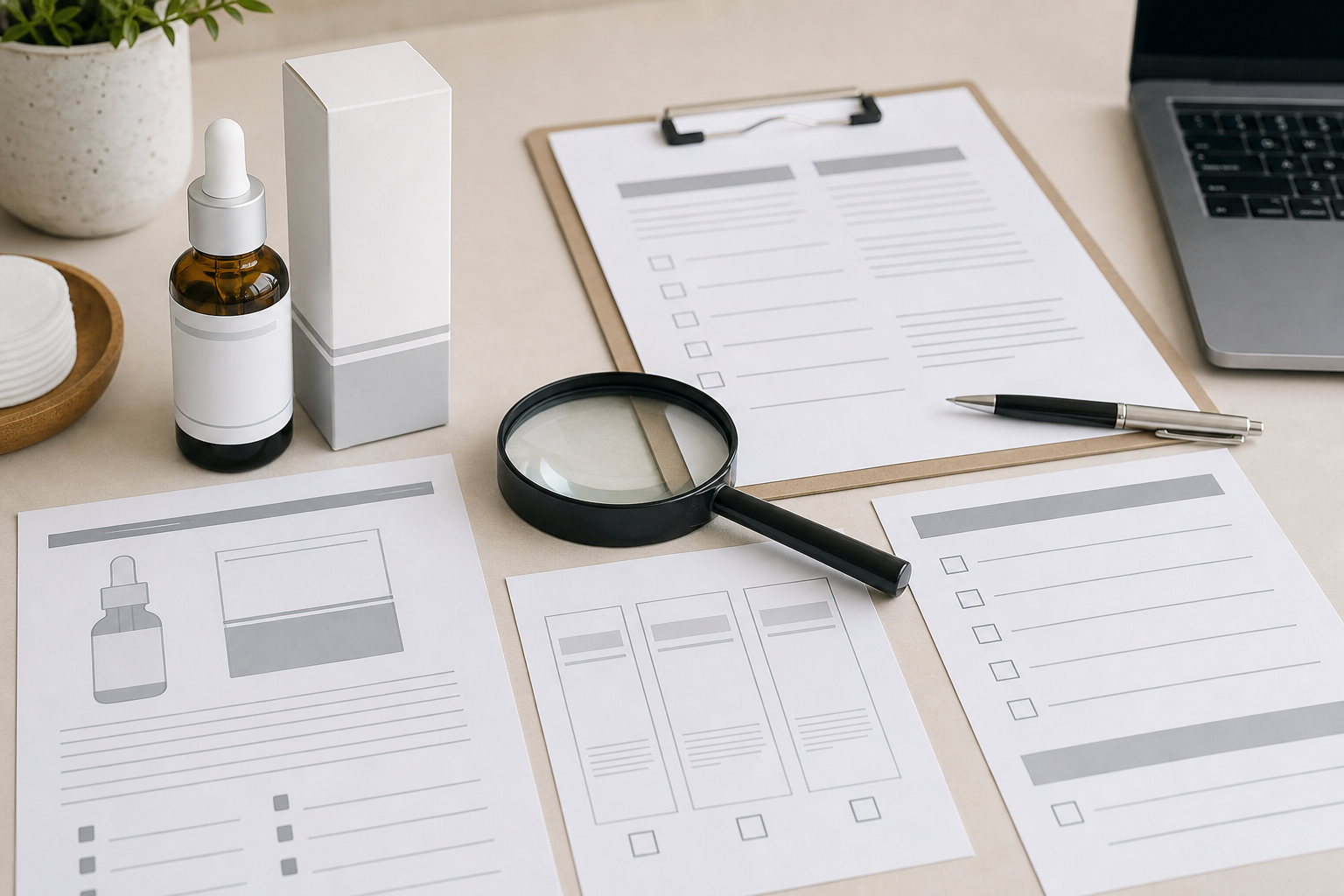 Skincare label and documentation review with ingredient list directions warnings and claim checklist