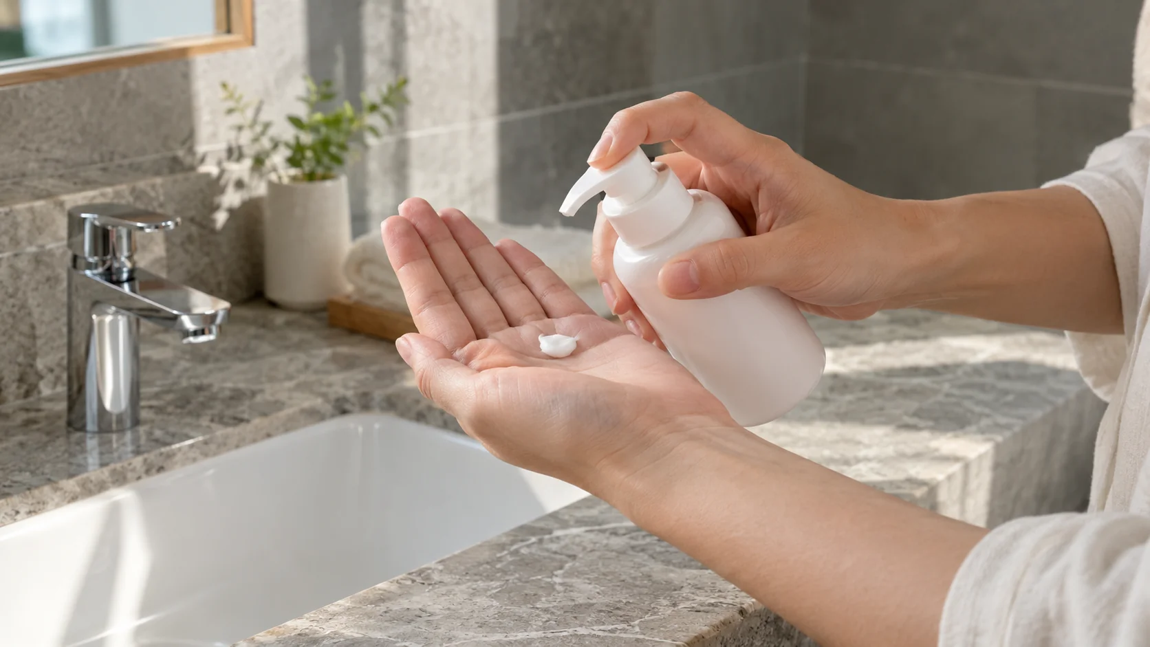 Illustrative dispensing of an unbranded moisturizer into an open palm