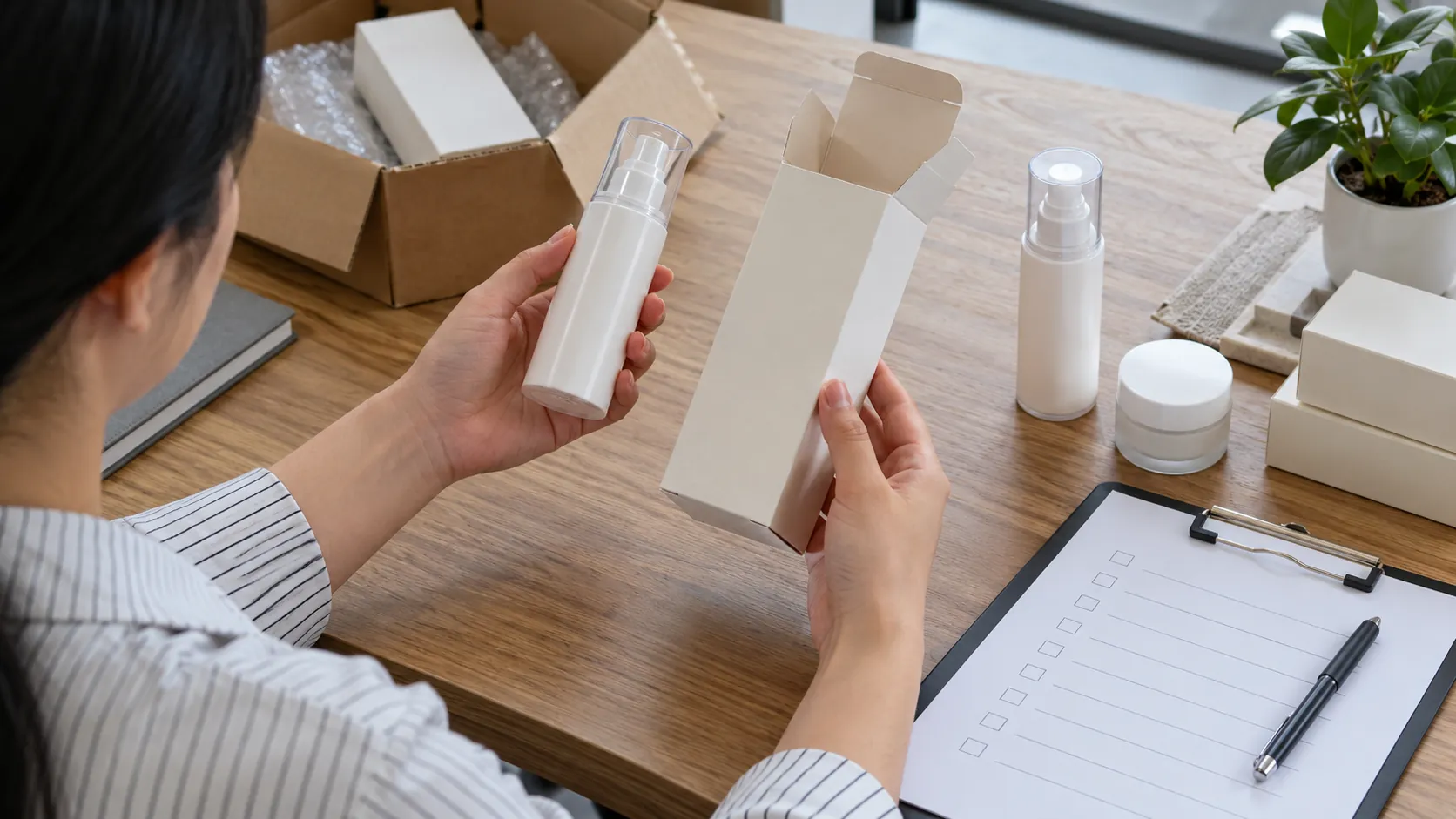 Illustrative sealed skincare samples compared with their packaging before an ad test