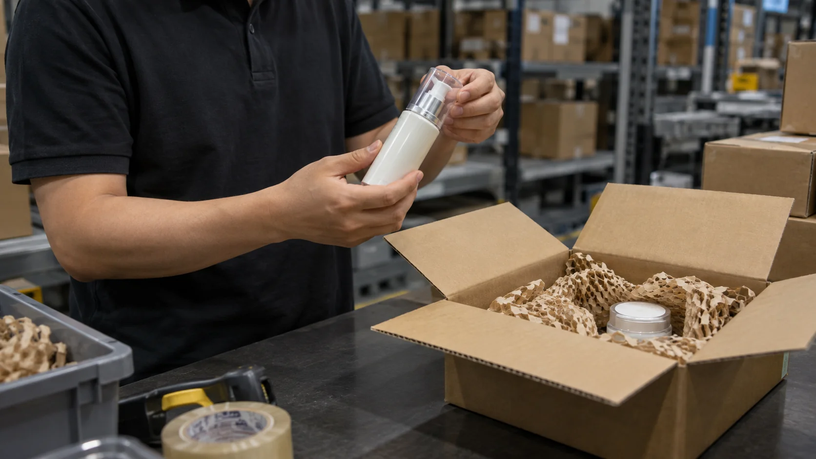 Illustrative inspection of sealed skincare bottles and protective parcel packing