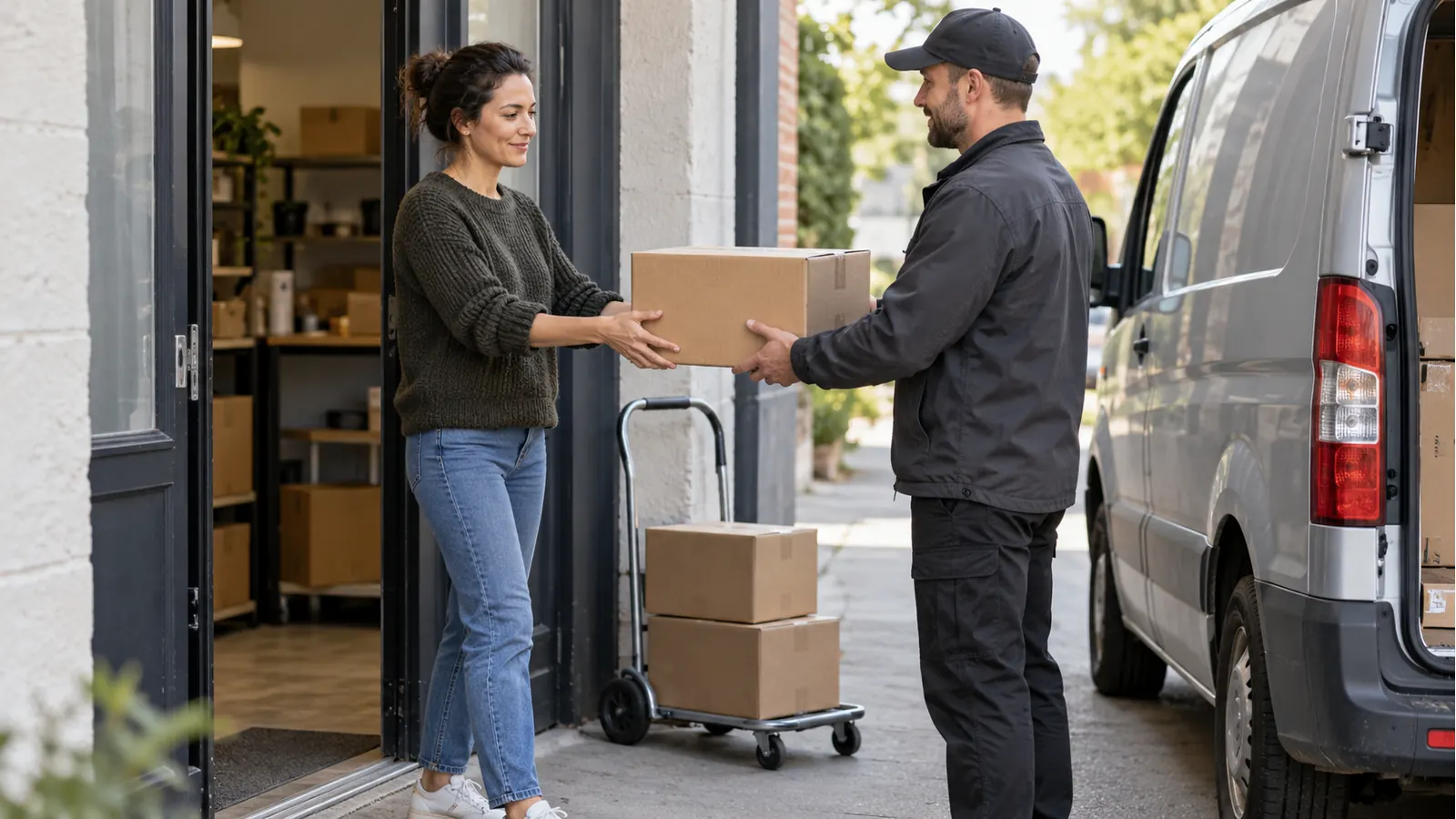 Small-business worker handing a plain parcel to a courier beside an unbranded van