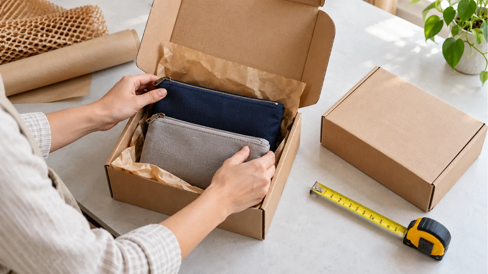 Hands checking two fabric pouches inside a paper-lined shipping carton