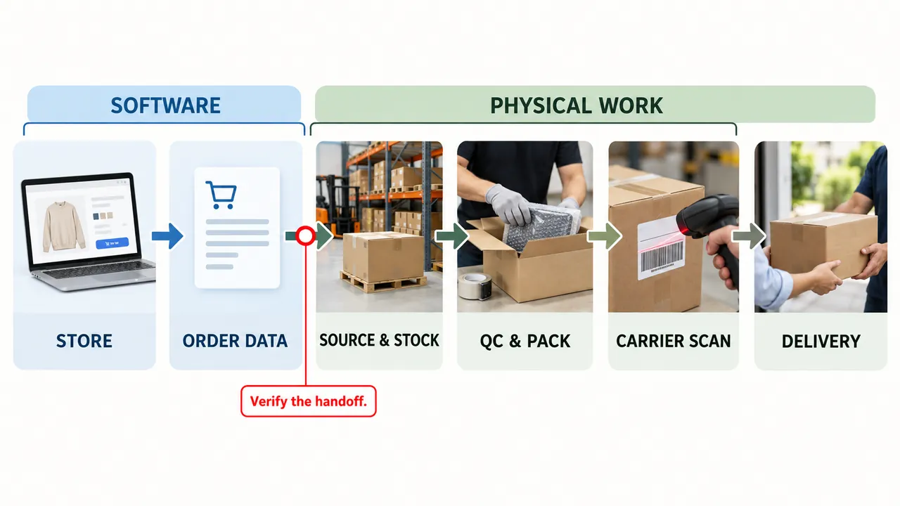 Order responsibility diagram from store data through stock, packing, carrier scan, and delivery
