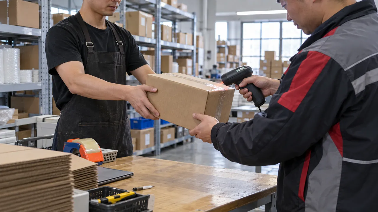 Warehouse worker recording carrier handoff for a packed ecommerce order