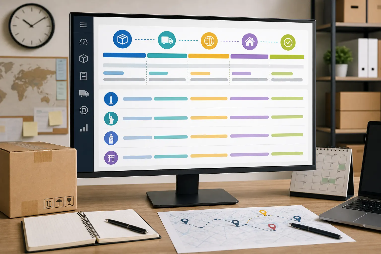 A delivery planning dashboard shows handling transit customs and local delivery buffers