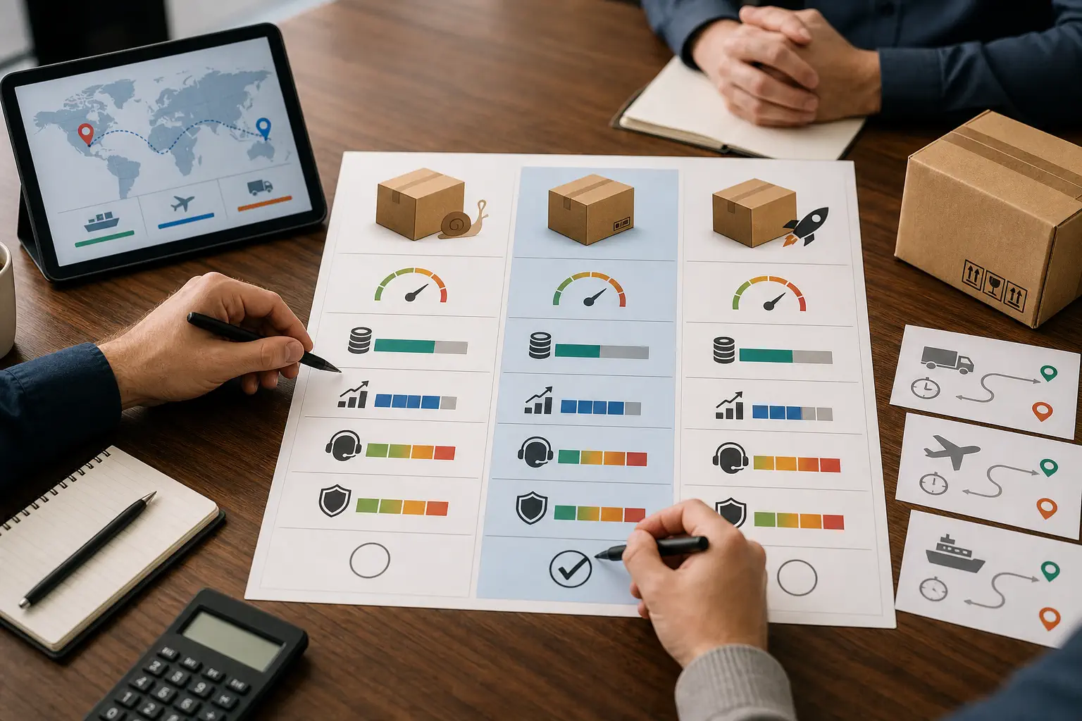 A seller compares economy standard and express route options on a decision matrix