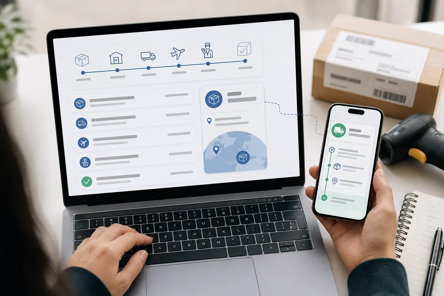 A seller checks parcel tracking events across a laptop and phone