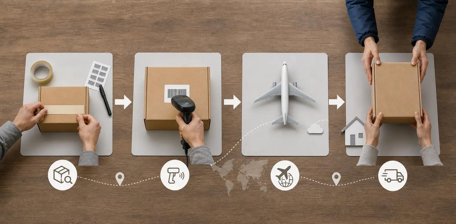 A four-stage parcel workflow shows packing carrier acceptance international movement and handoff