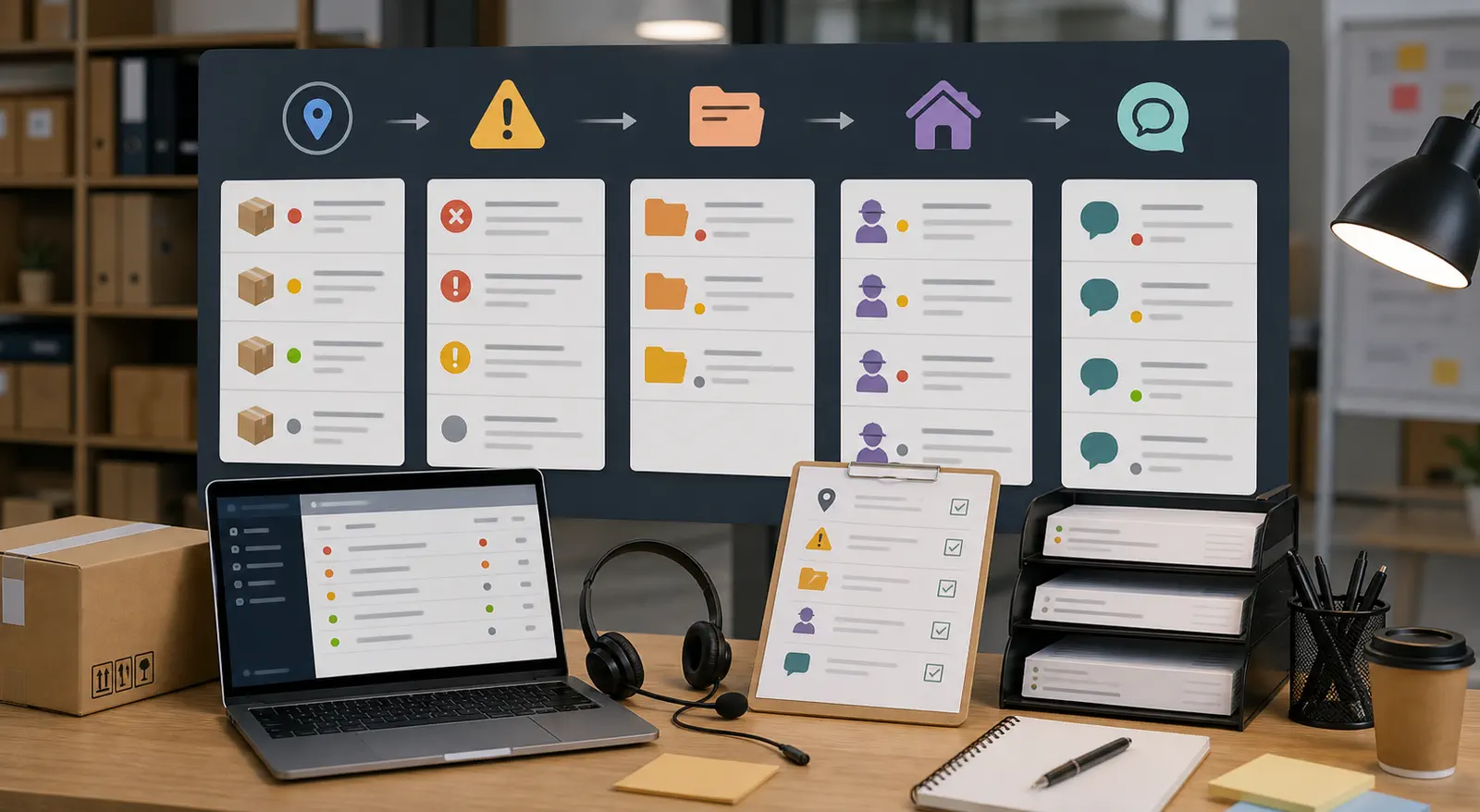 A support desk dashboard organizes tracking customs address and handoff issues
