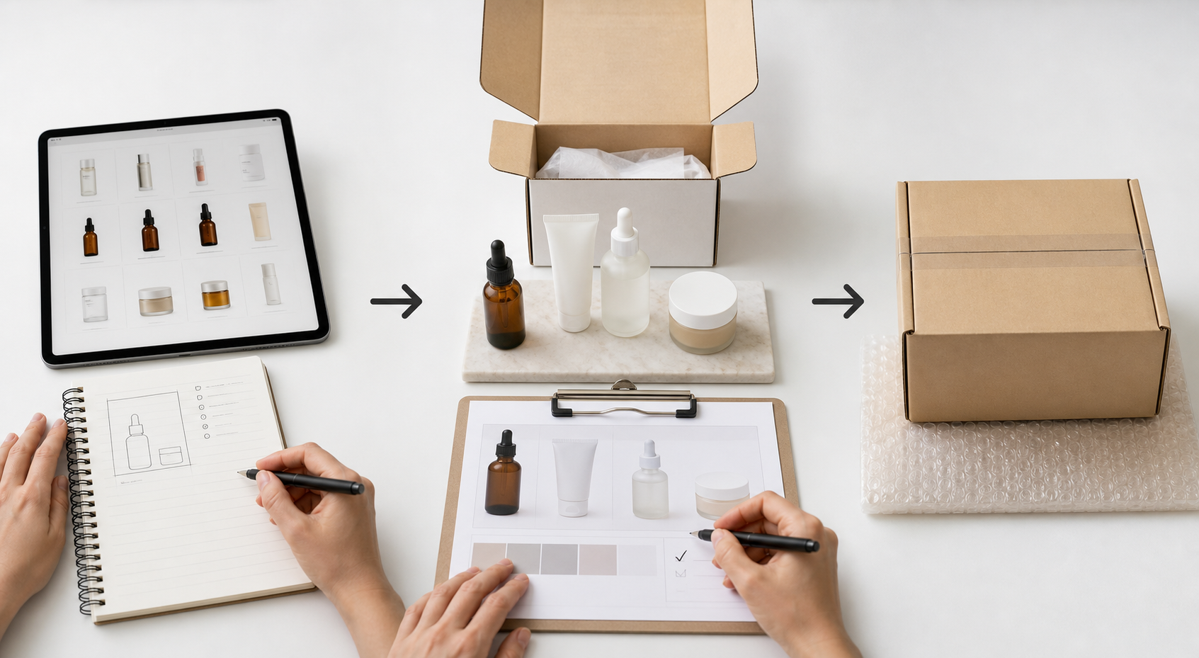 Three-stage skincare dropshipping process from product brief to sample approval to tested order