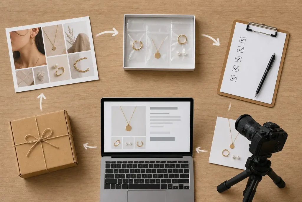 Step-by-step jewelry dropshipping workflow from niche planning to packed order