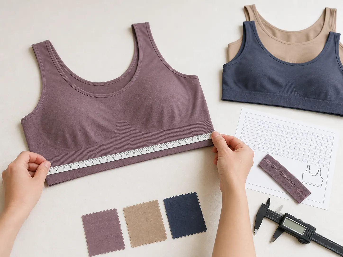 Hands measure the underband of a seamless bralette beside size variants, fabric swatches, and a measurement sheet