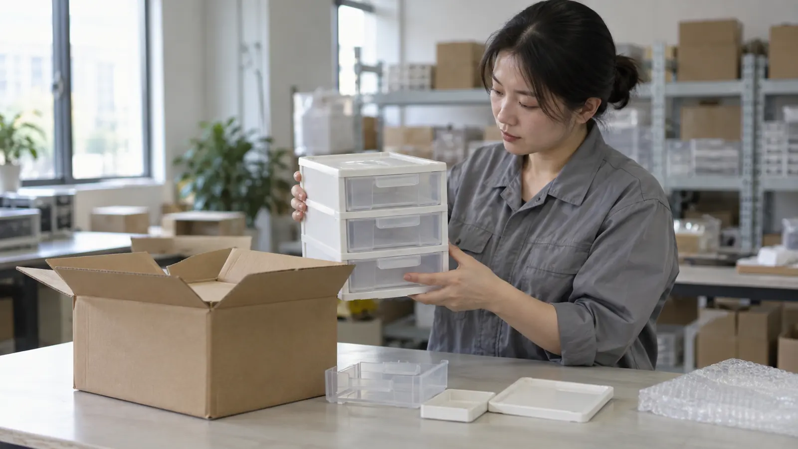 Worker checking an unbranded product sample and its packaging at a sourcing table