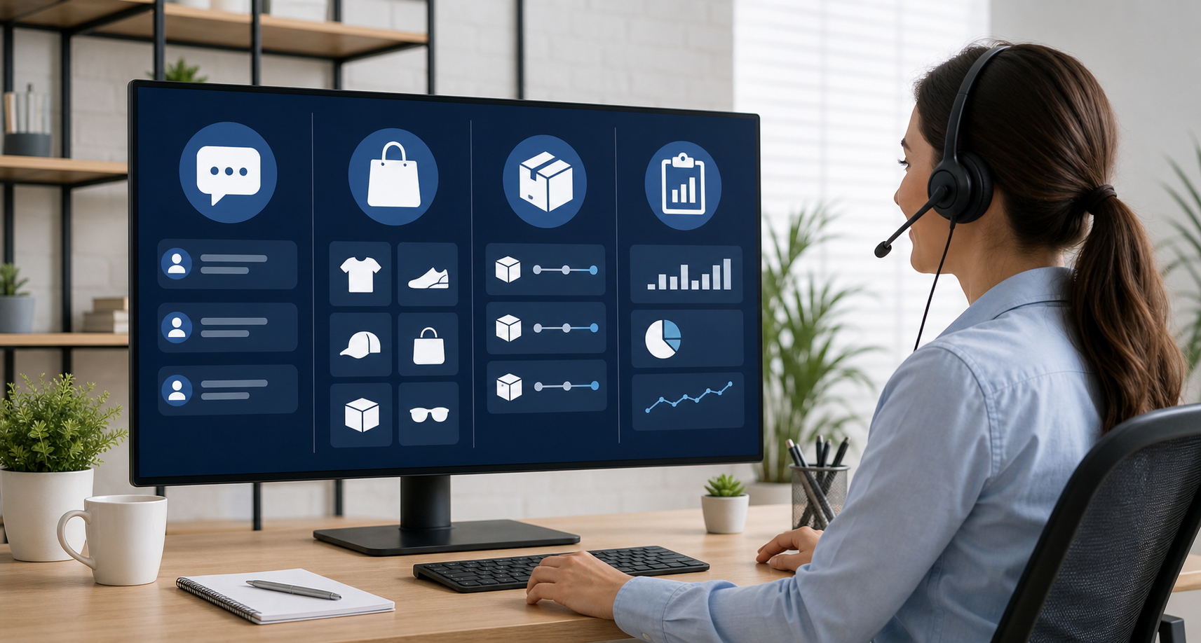 A business dashboard showing customer messages, listings, order follow-up, and reporting workflows