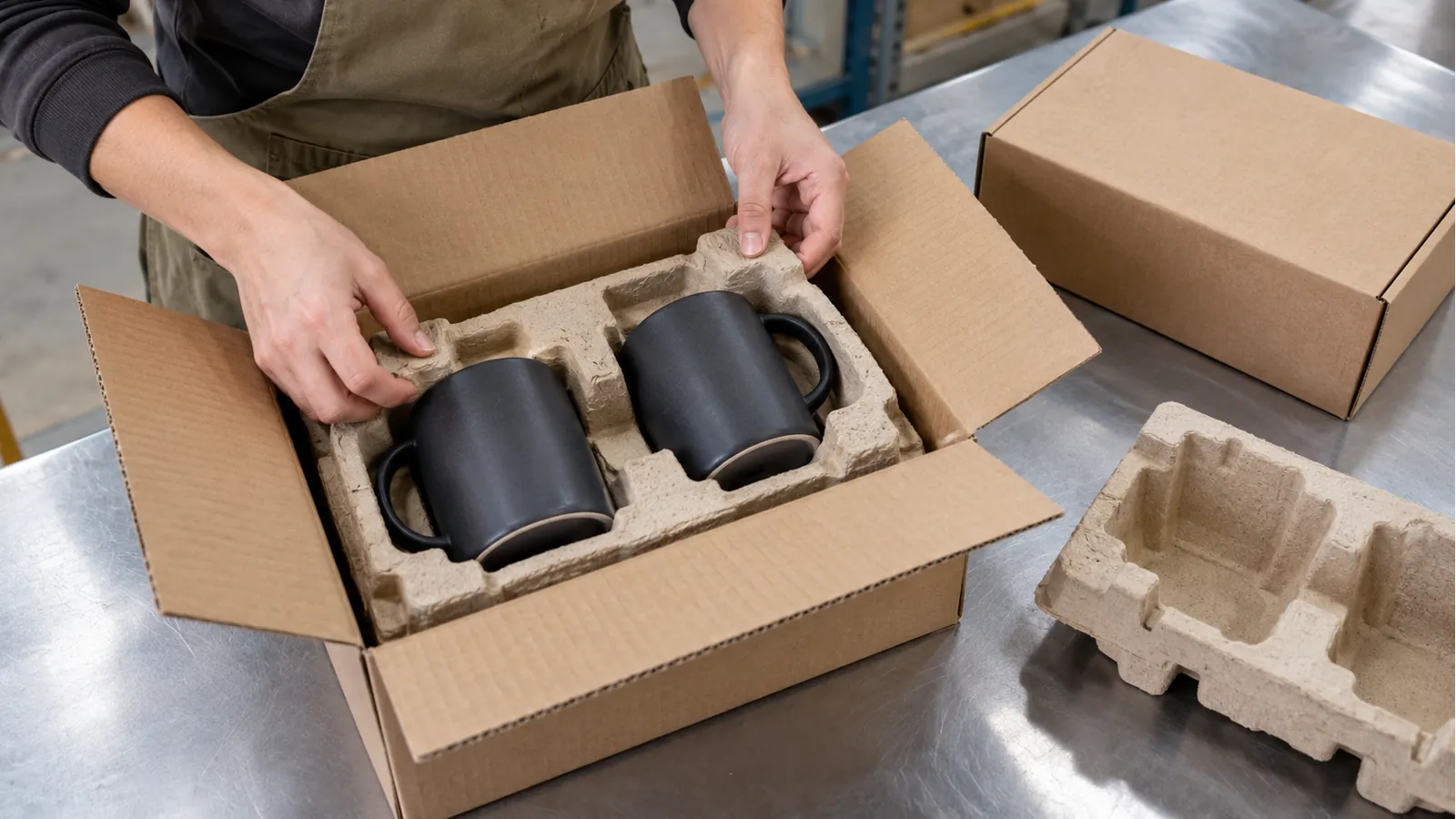 Worker checking protective pulp inserts around two mugs in an open shipping carton