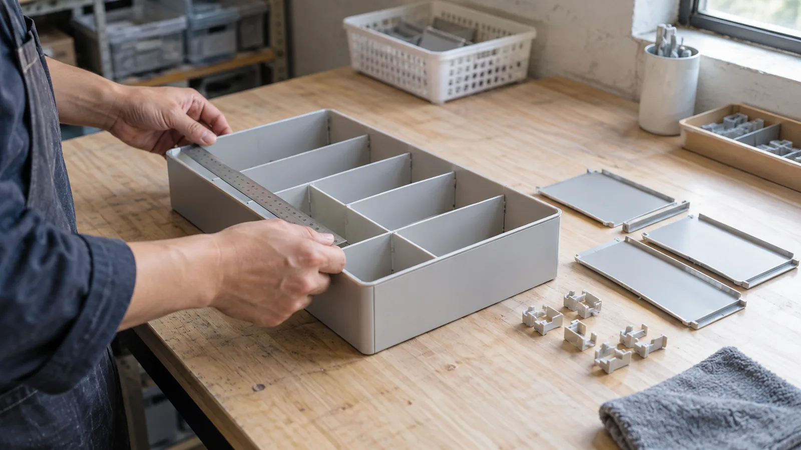 Hands checking an unbranded household organizer and its parts